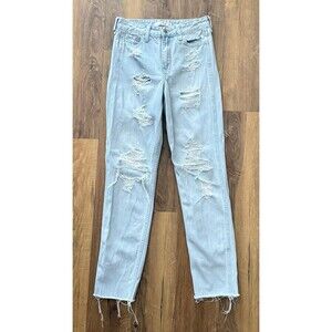 Hollister Jeans‎ Vintage High-Rise Raw Hem Straight Leg Mom Jeans Light Wash Y2K